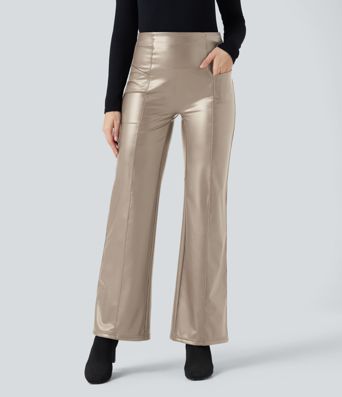 High Waisted Tummy Control Stretchy PU Fleece Casual Flare Pants with Pockets