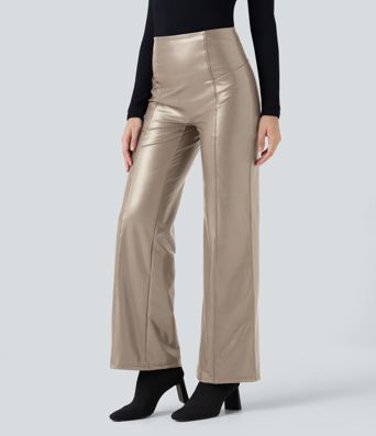 High Waisted Tummy Control Stretchy PU Fleece Casual Flare Pants with Pockets