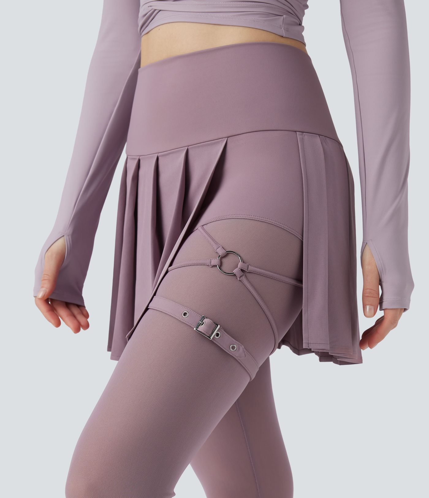 Breezeful™ High Waisted Pleated 2-in-1 Contrast Mesh Quick Dry Dance Stirrup Skirted Leggings with Pockets