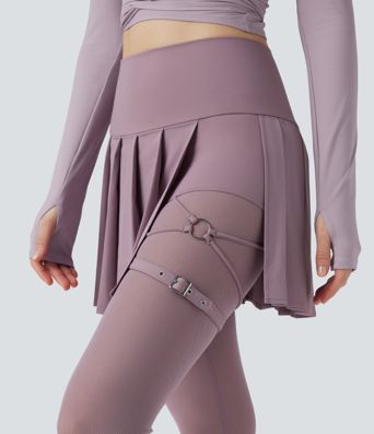Breezeful™ High Waisted Pleated 2-in-1 Contrast Mesh Quick Dry Dance Stirrup Skirted Leggings with Pockets