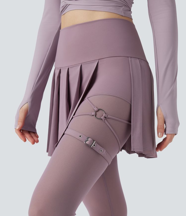 Breezeful™ High Waisted Pleated 2-in-1 Contrast Mesh Quick Dry Dance Stirrup Skirted Leggings with Pockets