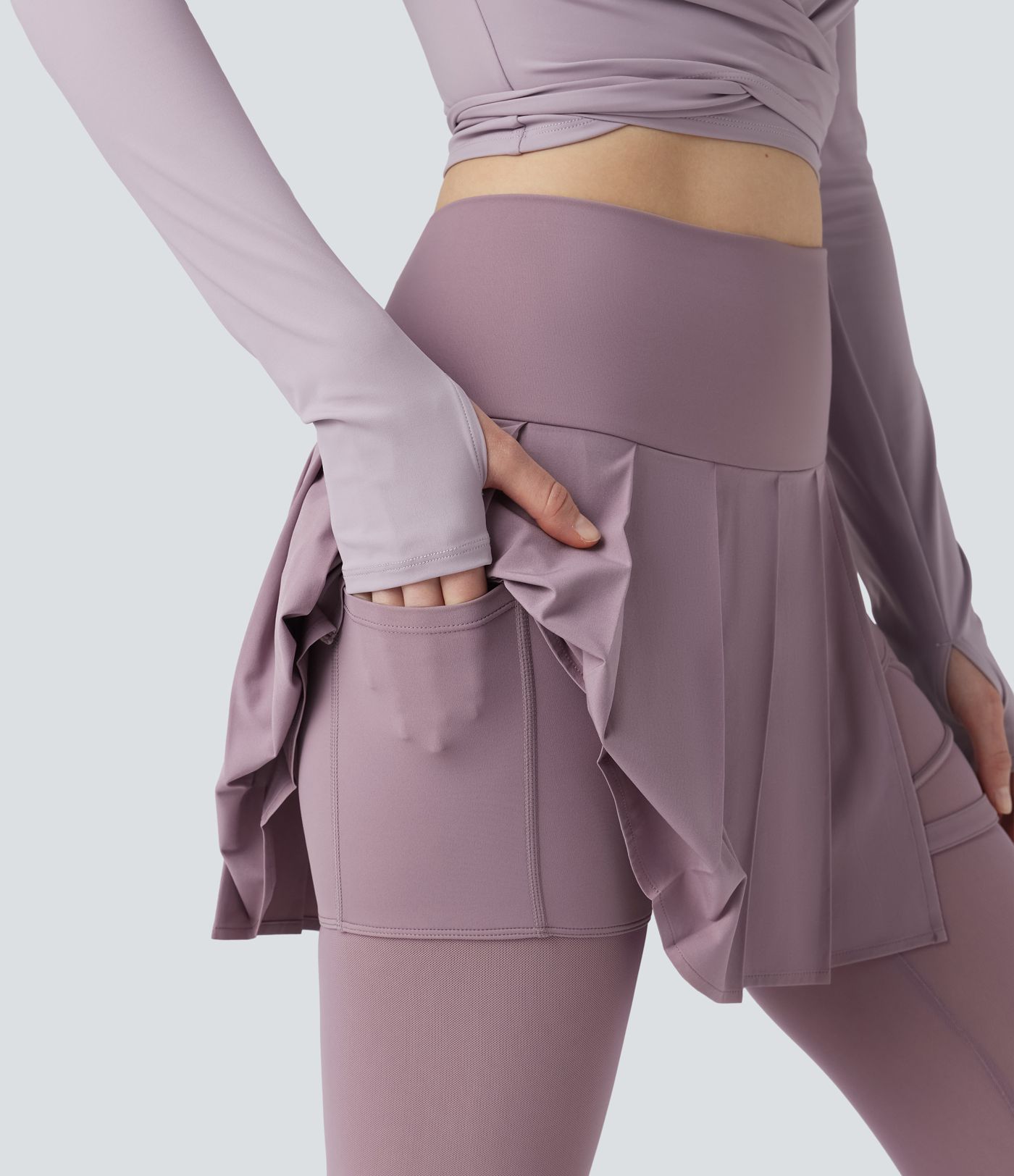 Breezeful™ High Waisted Pleated 2-in-1 Contrast Mesh Quick Dry Dance Stirrup Skirted Leggings with Pockets