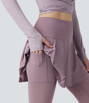 Breezeful™ High Waisted Pleated 2-in-1 Contrast Mesh Quick Dry Dance Stirrup Skirted Leggings with Pockets
