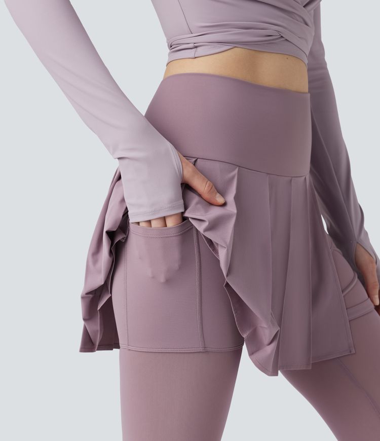 Breezeful™ High Waisted Pleated 2-in-1 Contrast Mesh Quick Dry Dance Stirrup Skirted Leggings with Pockets