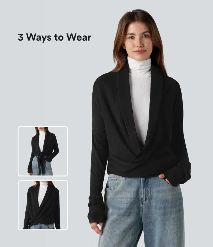 Schwarz Lässiger Wickel-Cardigan mit Langarm​ / 1