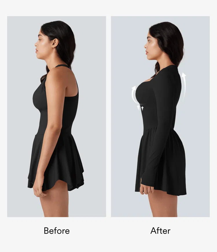 Black Halara UltraSculpt™ Push-Up Long Sleeve Thumb Hole 2-in-1 Mini Tennis Active Dress with Pocket / 2