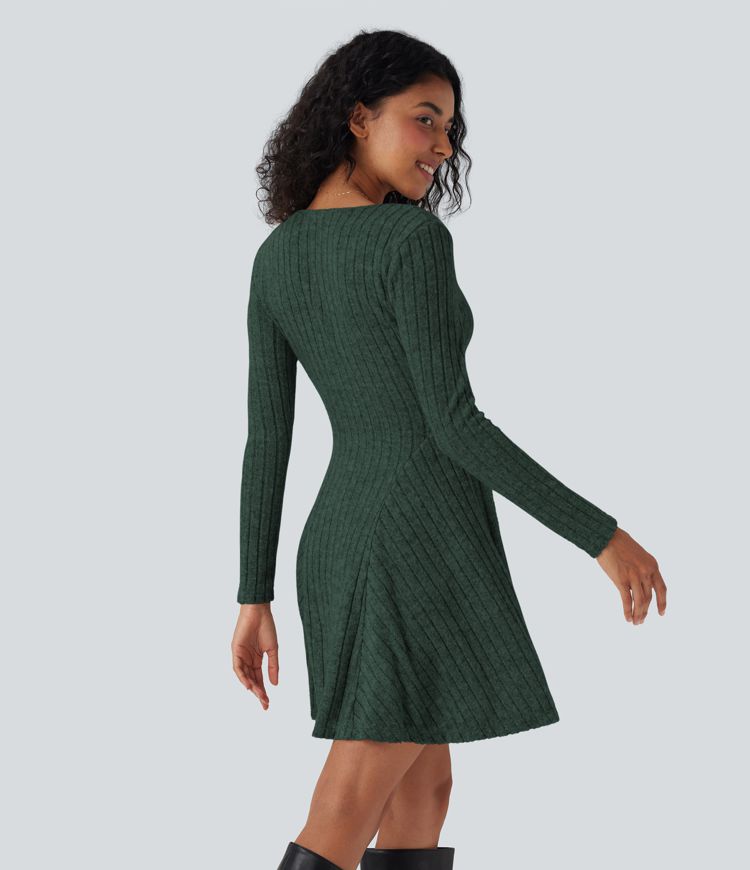 Ribbed Knit V Neck Long Sleeve Flare Mini Casual Dress