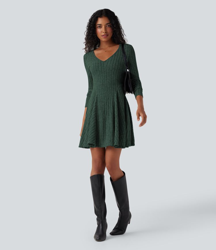 Ribbed Knit V Neck Long Sleeve Flare Mini Casual Dress