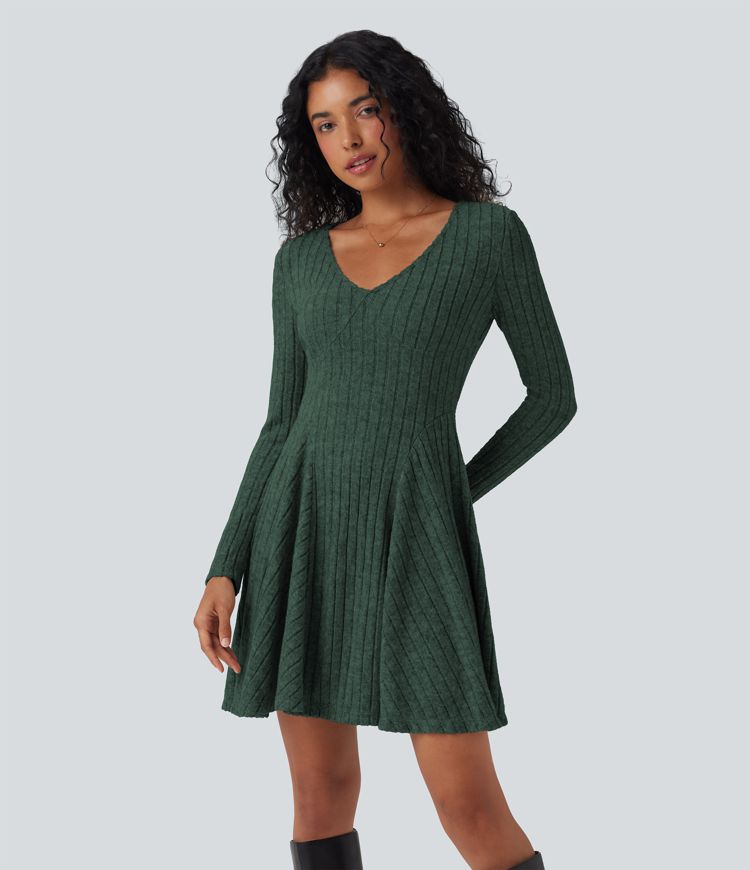 Ribbed Knit V Neck Long Sleeve Flare Mini Casual Dress