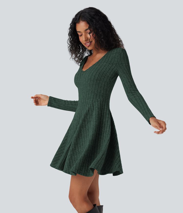 Ribbed Knit V Neck Long Sleeve Flare Mini Casual Dress