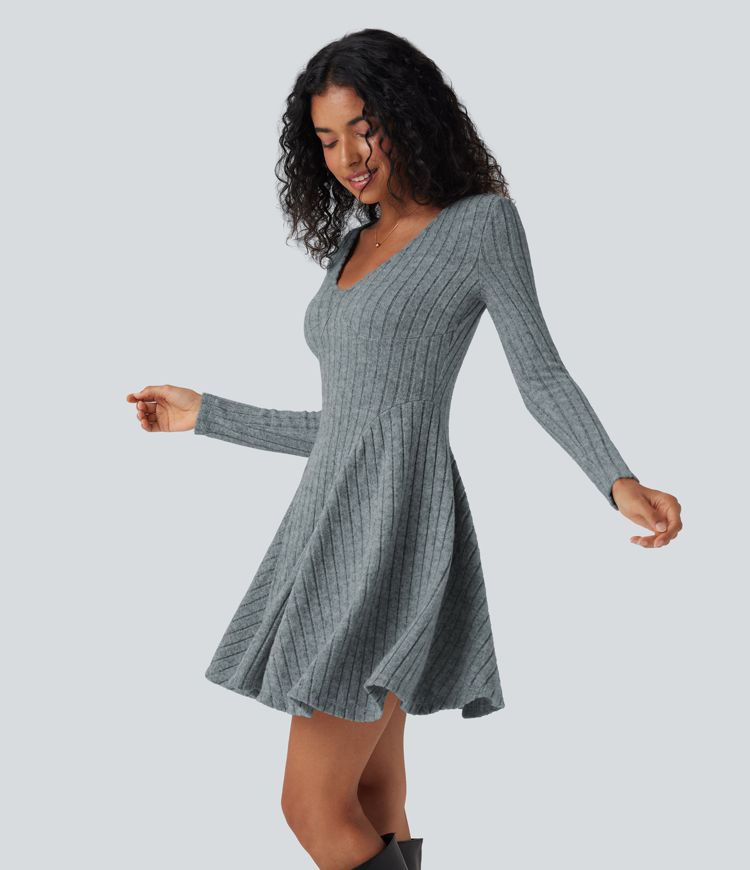 Ribbed Knit V Neck Long Sleeve Flare Mini Casual Dress
