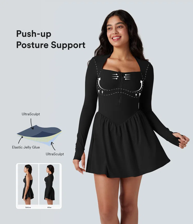Black Halara UltraSculpt™ Push-Up Long Sleeve Thumb Hole 2-in-1 Mini Tennis Active Dress with Pocket / 1