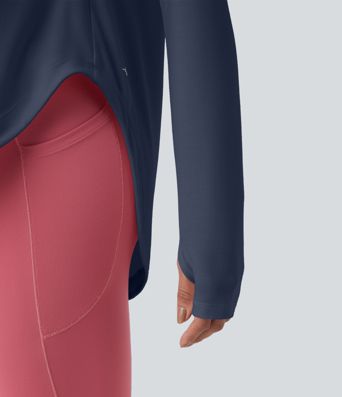 One Shoulder Long Sleeve Thumb Hole Curved Hem High Low Quick Dry Yoga Sports Top-Built-in Bra