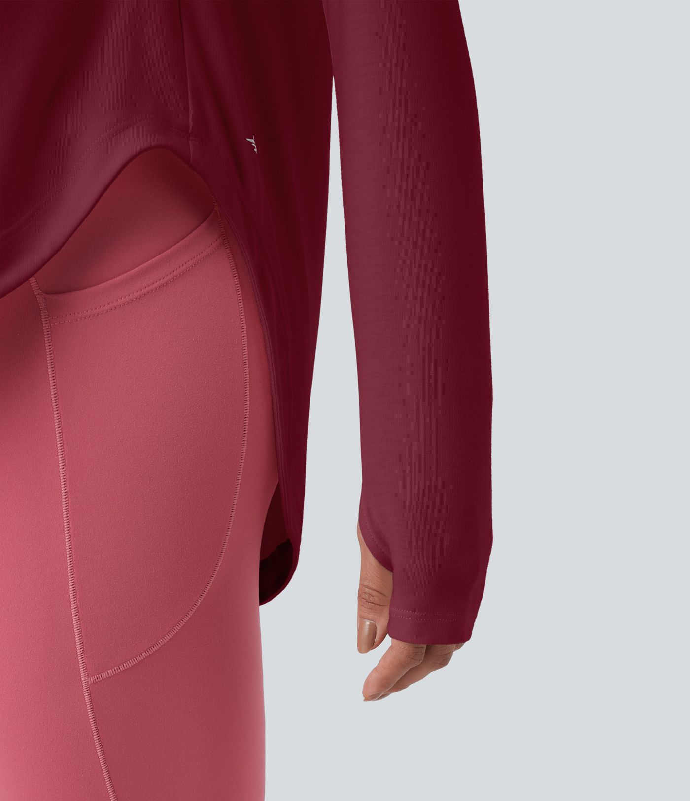 One Shoulder Long Sleeve Thumb Hole Curved Hem High Low Quick Dry Yoga Sports Top-Built-in Bra