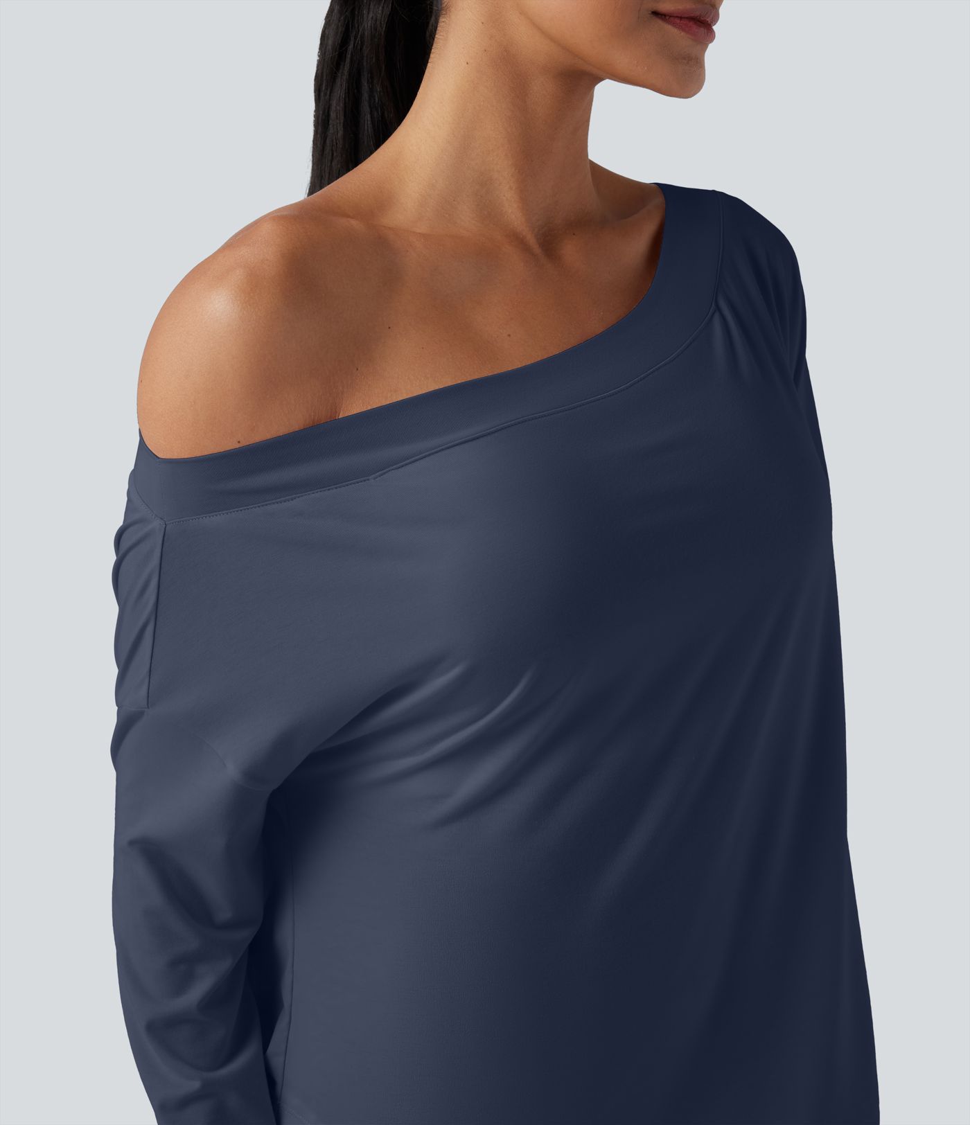 One Shoulder Long Sleeve Thumb Hole Curved Hem High Low Quick Dry Yoga Sports Top-Built-in Bra