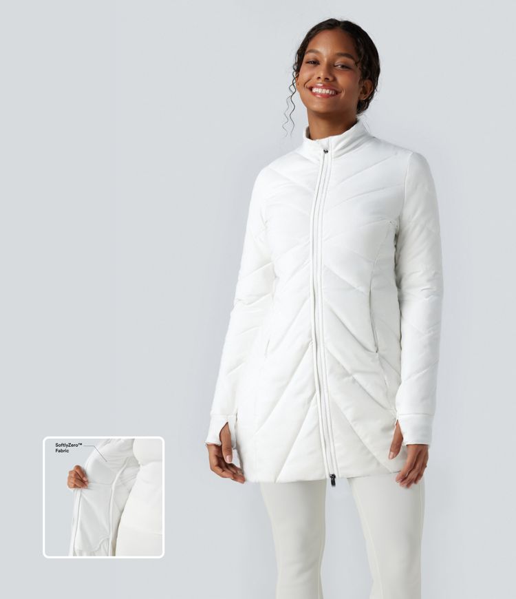 Stand Collar Double Zipper Thumb Holes Casual Quilted Jacket with Pockets