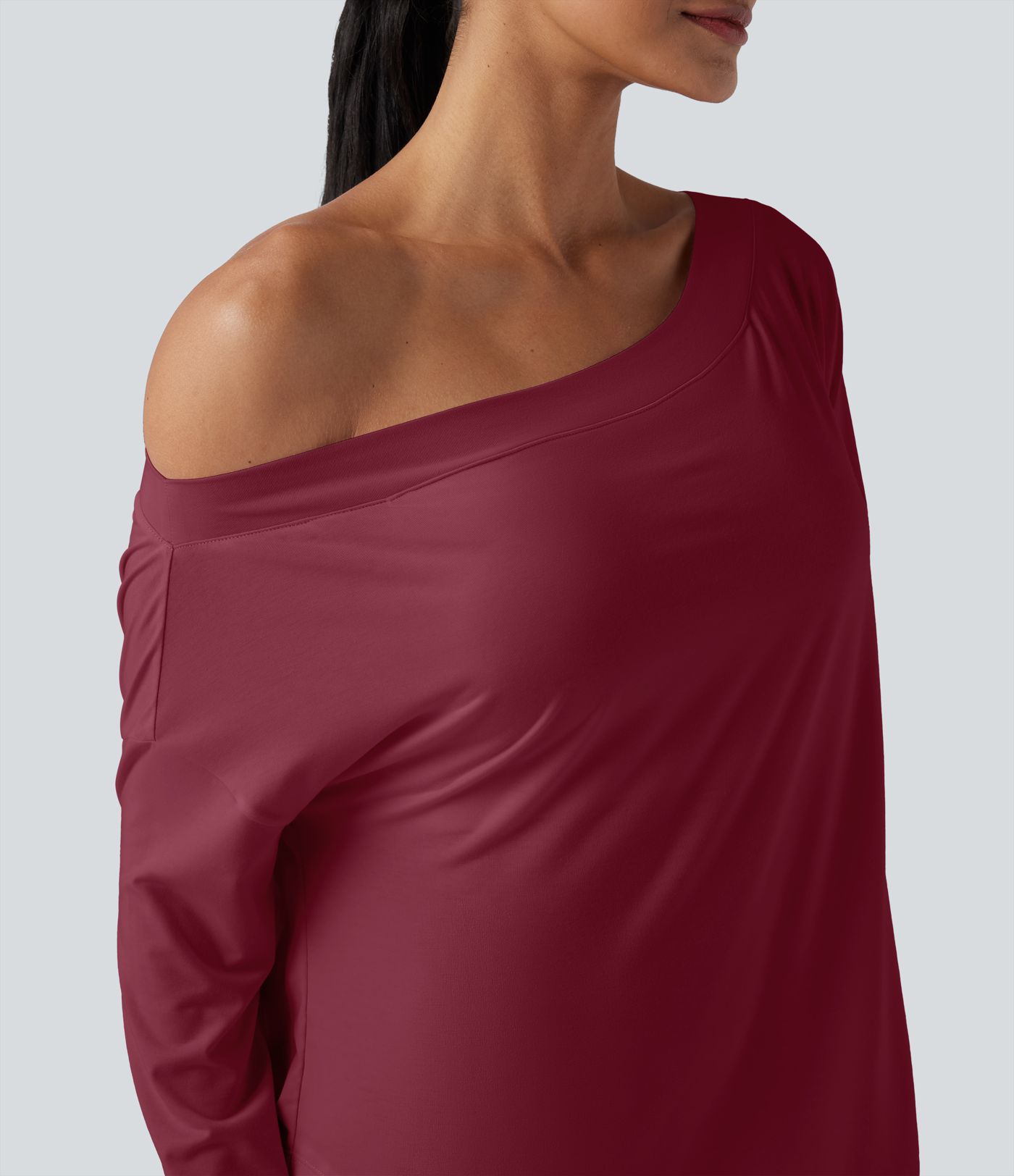 One Shoulder Long Sleeve Thumb Hole Curved Hem High Low Quick Dry Yoga Sports Top-Built-in Bra