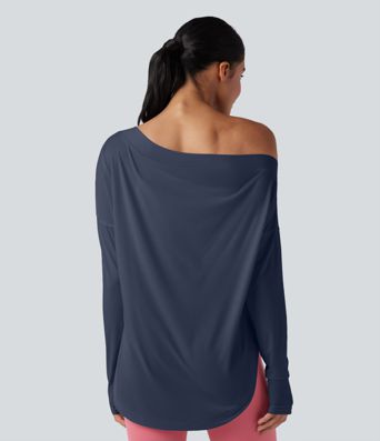 One Shoulder Long Sleeve Thumb Hole Curved Hem High Low Quick Dry Yoga Sports Top-Built-in Bra