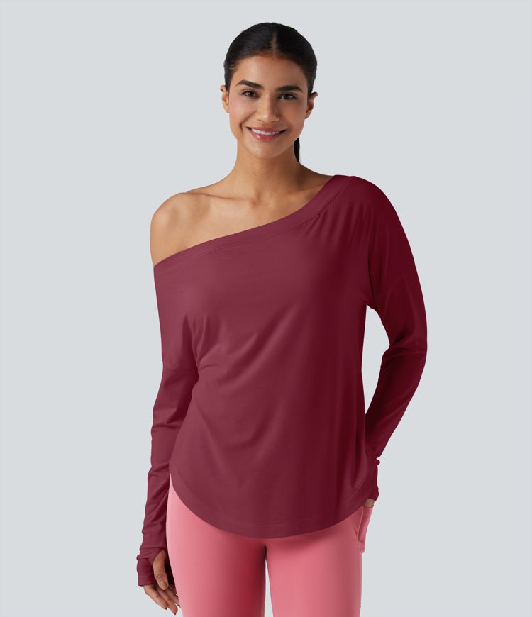 One Shoulder Long Sleeve Thumb Hole Curved Hem High Low Quick Dry Yoga Sports Top-Built-in Bra