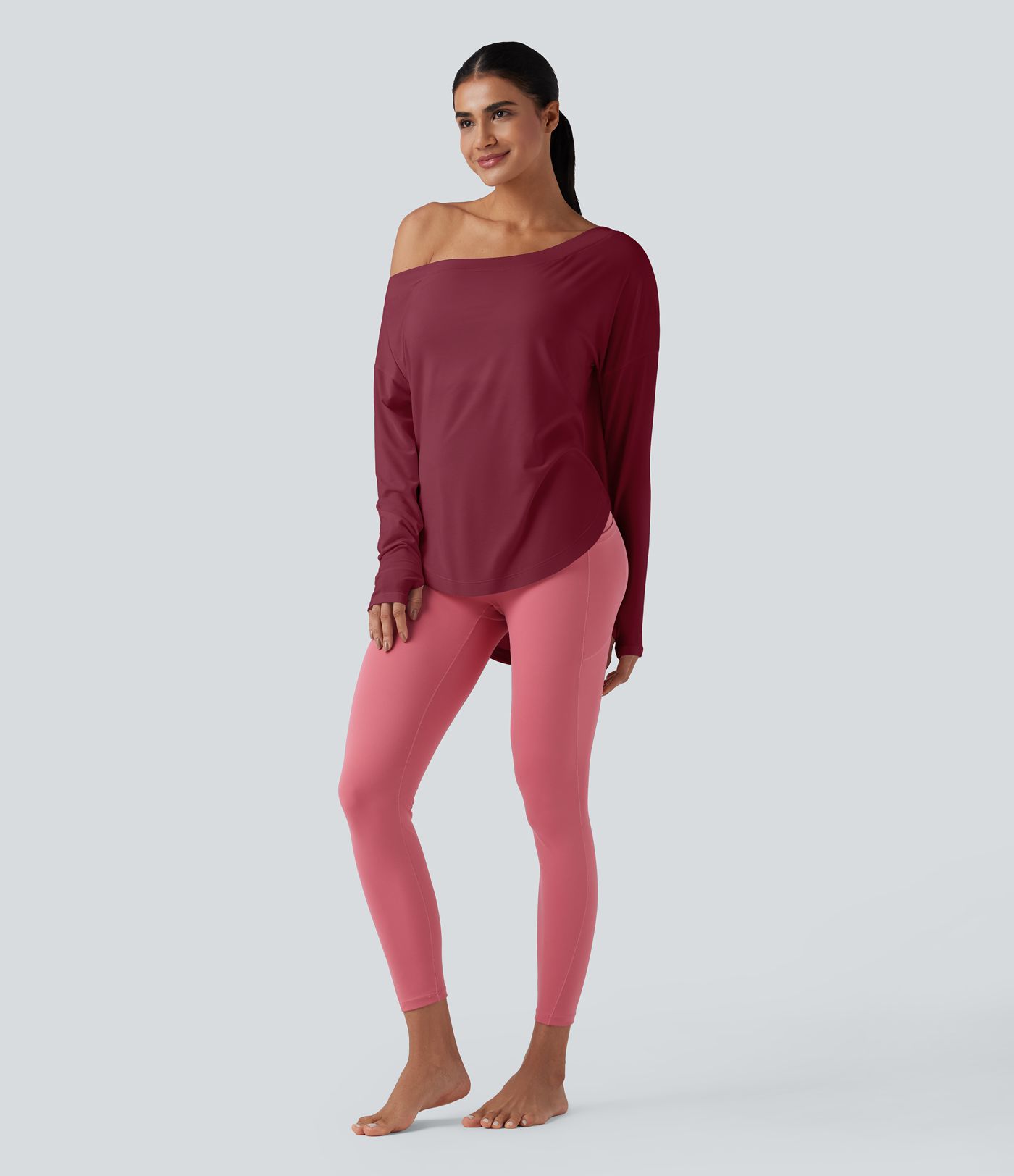 One Shoulder Long Sleeve Thumb Hole Curved Hem High Low Quick Dry Yoga Sports Top-Built-in Bra
