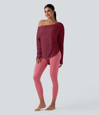 One Shoulder Long Sleeve Thumb Hole Curved Hem High Low Quick Dry Yoga Sports Top-Built-in Bra