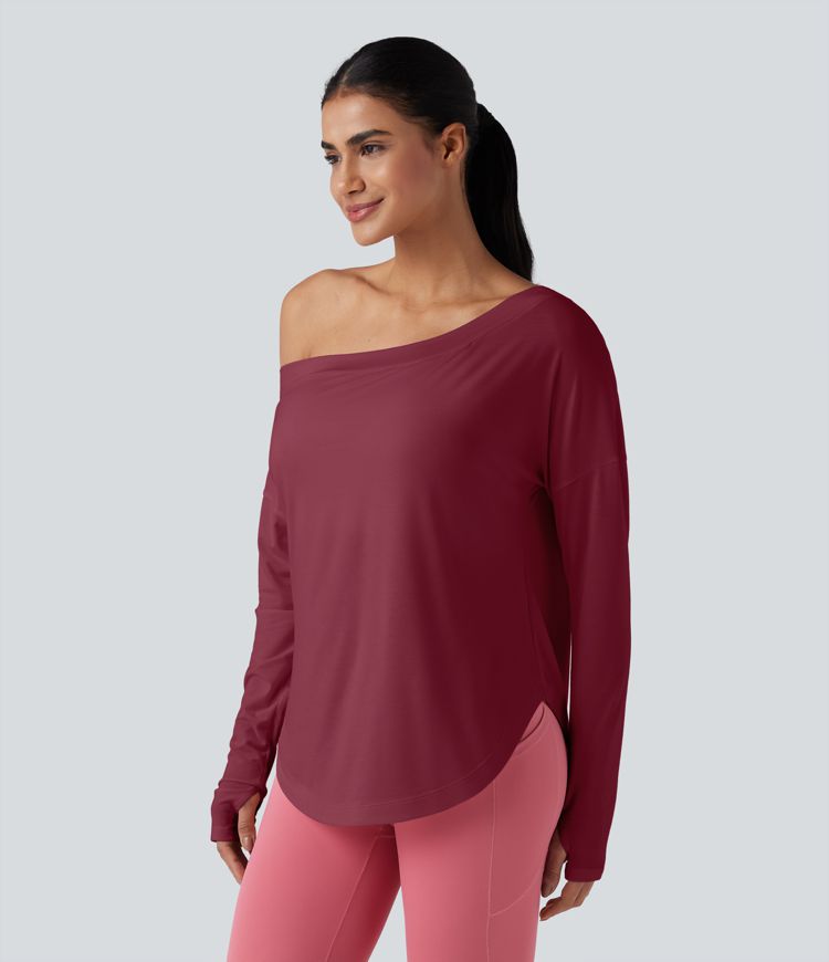 One Shoulder Long Sleeve Thumb Hole Curved Hem High Low Quick Dry Yoga Sports Top-Built-in Bra