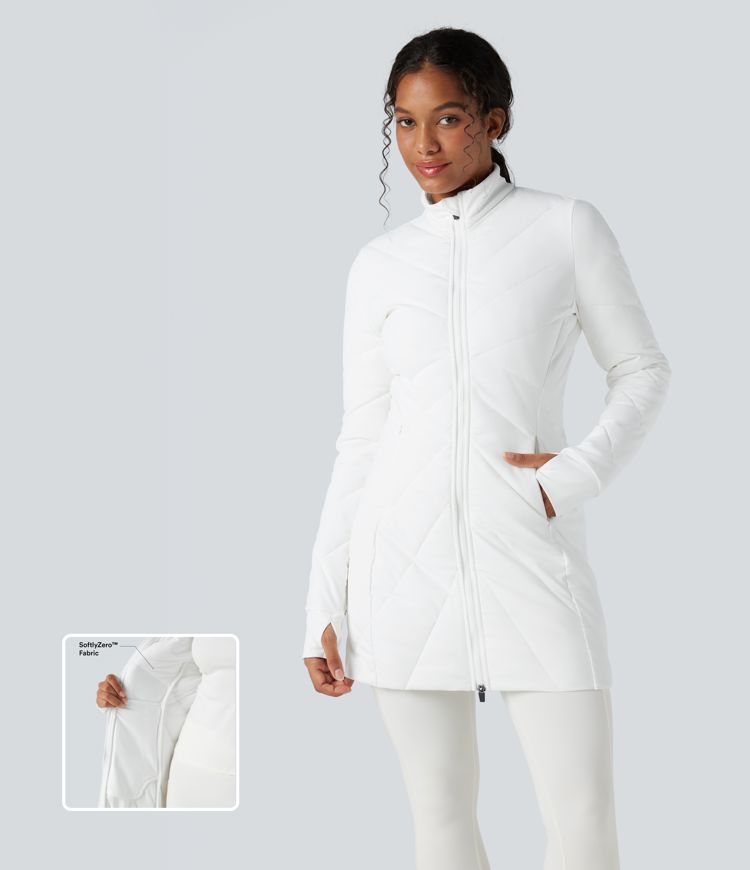 Stand Collar Double Zipper Thumb Holes Casual Padded Jacket with Pockets