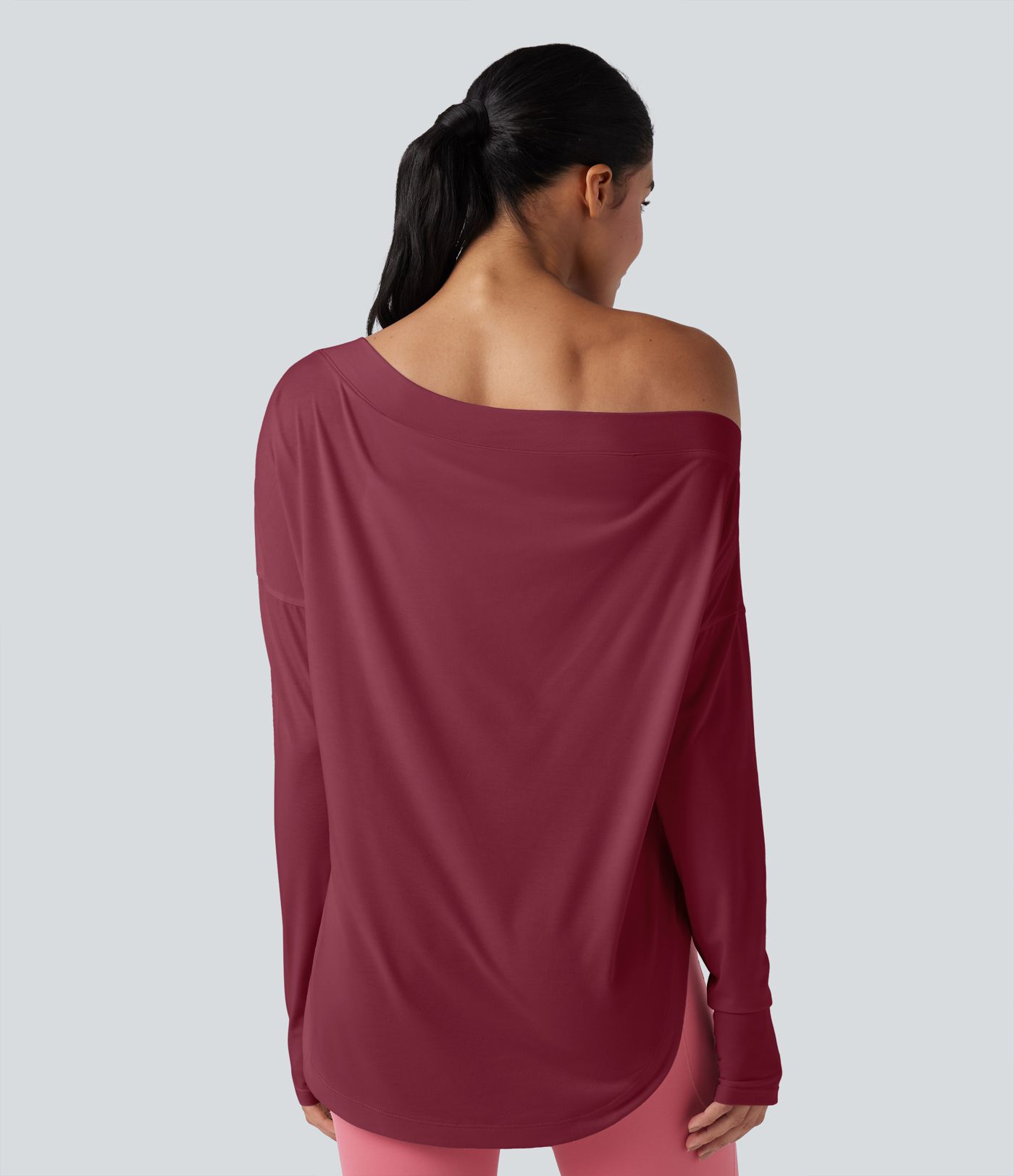 One Shoulder Long Sleeve Thumb Hole Curved Hem High Low Quick Dry Yoga Sports Top-Built-in Bra