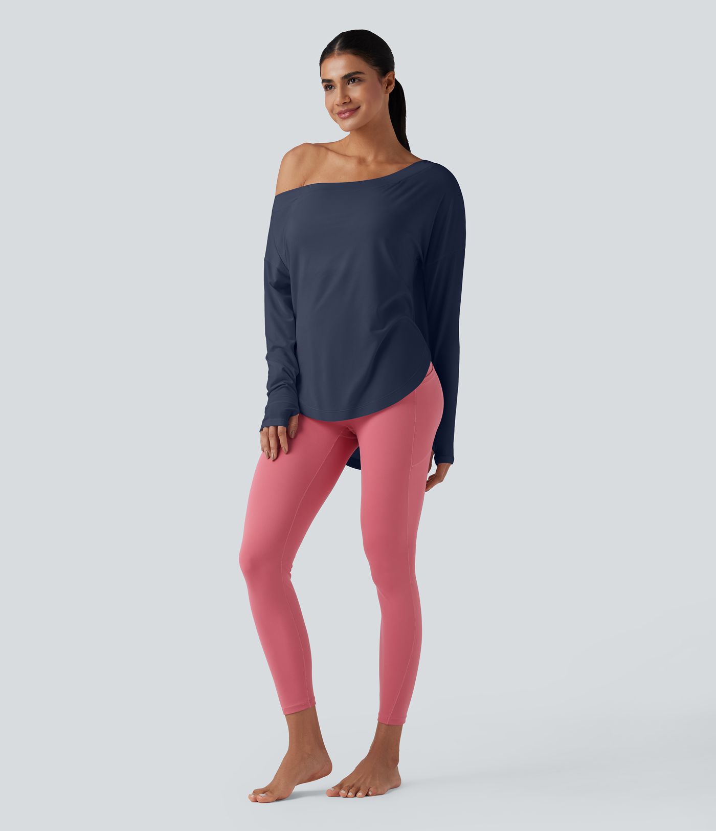 One Shoulder Long Sleeve Thumb Hole Curved Hem High Low Quick Dry Yoga Sports Top-Built-in Bra