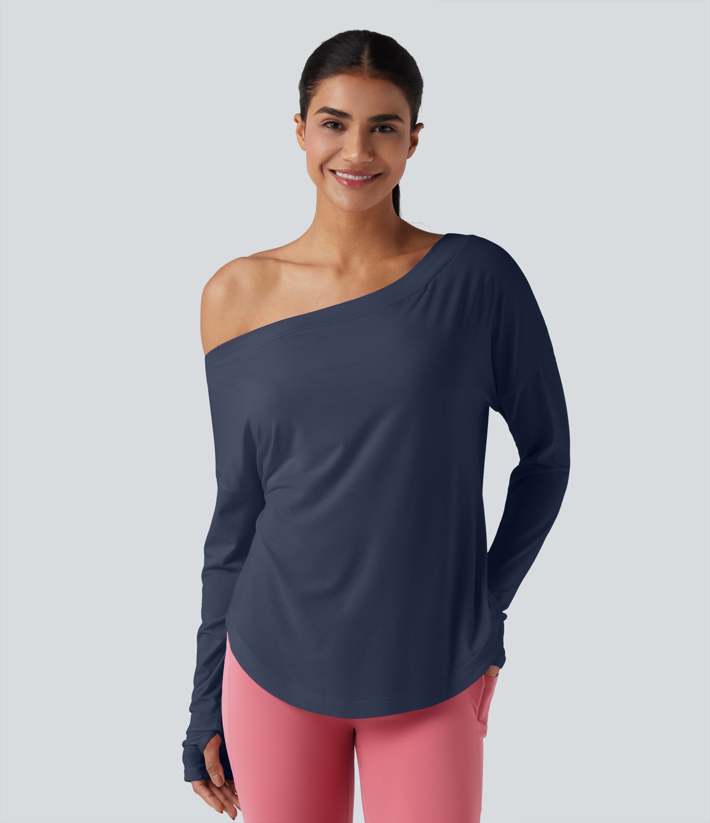 One Shoulder Long Sleeve Thumb Hole Curved Hem High Low Quick Dry Yoga Sports Top-Built-in Bra