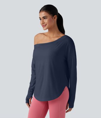 One Shoulder Long Sleeve Thumb Hole Curved Hem High Low Quick Dry Yoga Sports Top-Built-in Bra