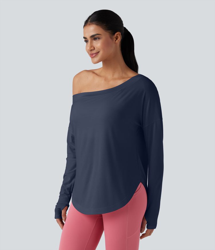 One Shoulder Long Sleeve Thumb Hole Curved Hem High Low Quick Dry Yoga Sports Top-Built-in Bra