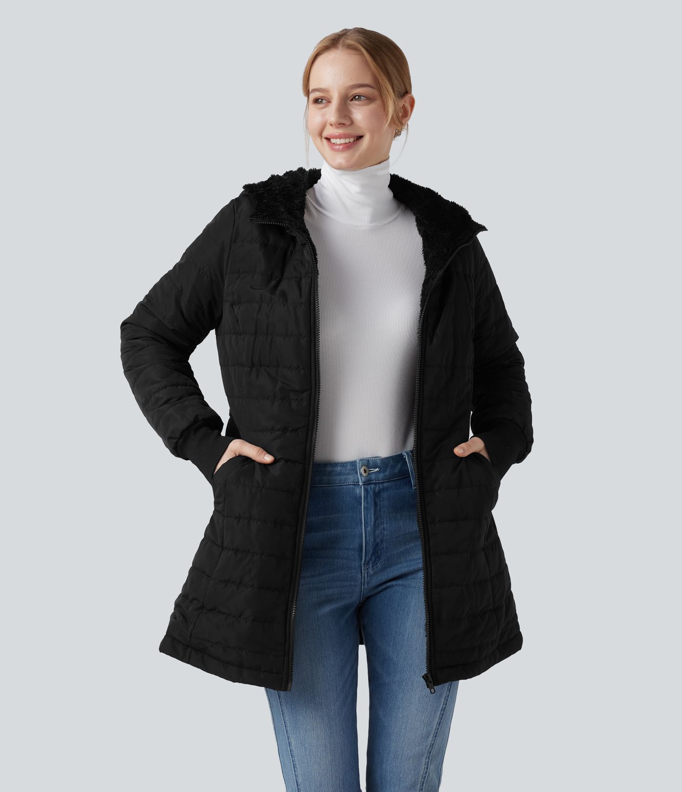 Hooded Zipper Long Sleeve Casual Sherpa Faux Fur hooded Jacket with Pockets