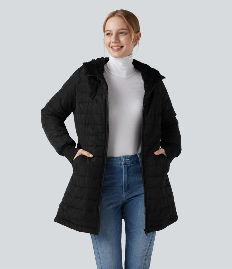 Hooded Zipper Long Sleeve Casual Sherpa Faux Fur hooded Jacket with Pockets