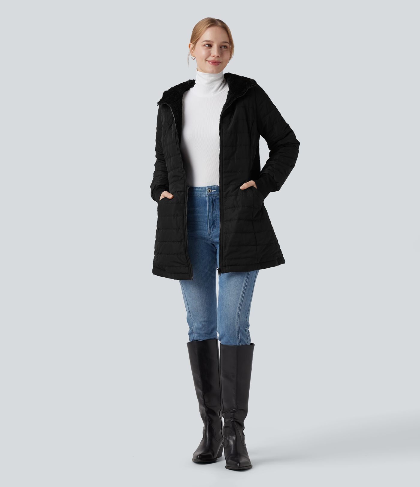 Hooded Zipper Long Sleeve Casual Sherpa Faux Fur hooded Jacket with Pockets