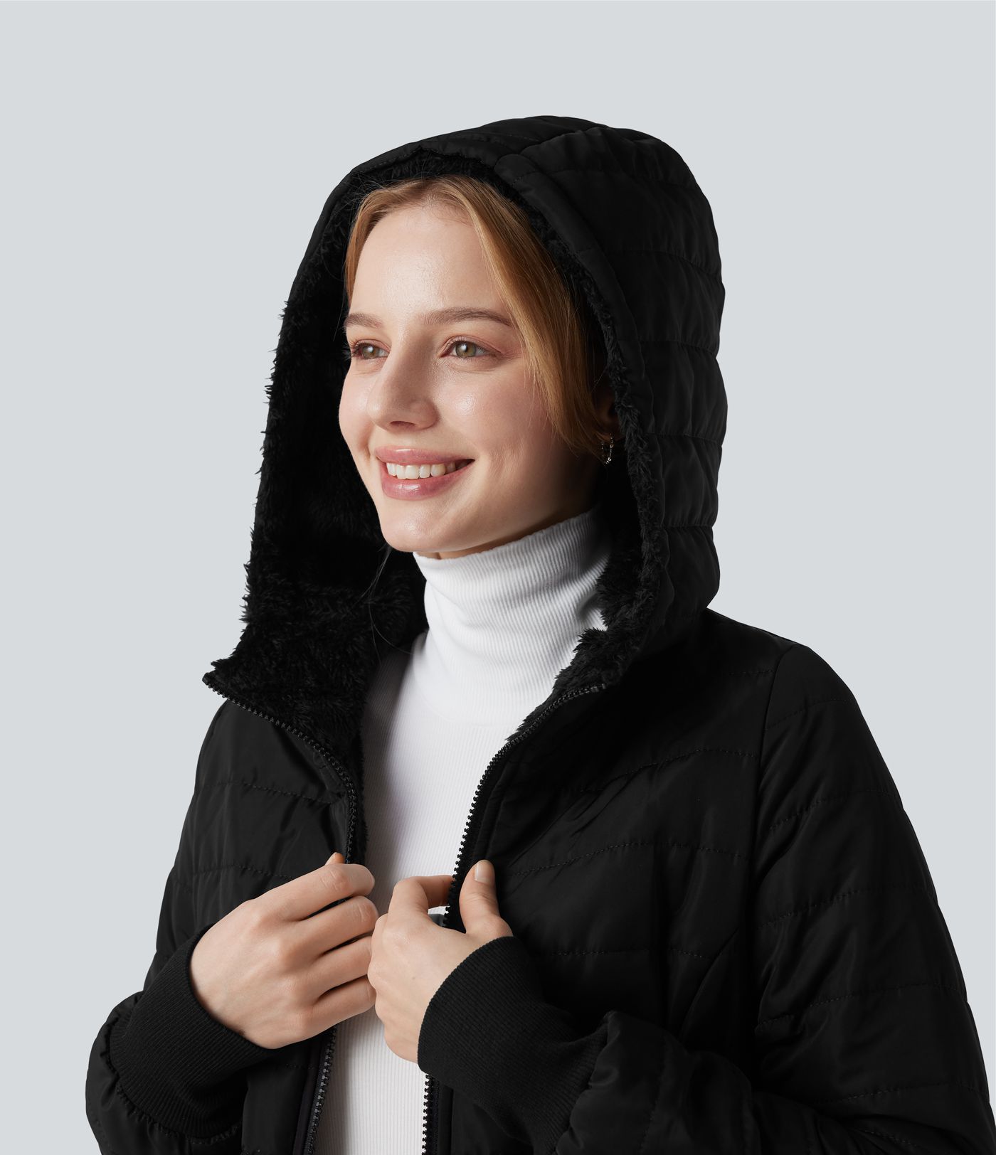 Hooded Zipper Long Sleeve Casual Sherpa Faux Fur hooded Jacket with Pockets