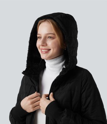 Hooded Zipper Long Sleeve Casual Sherpa Faux Fur hooded Jacket with Pockets