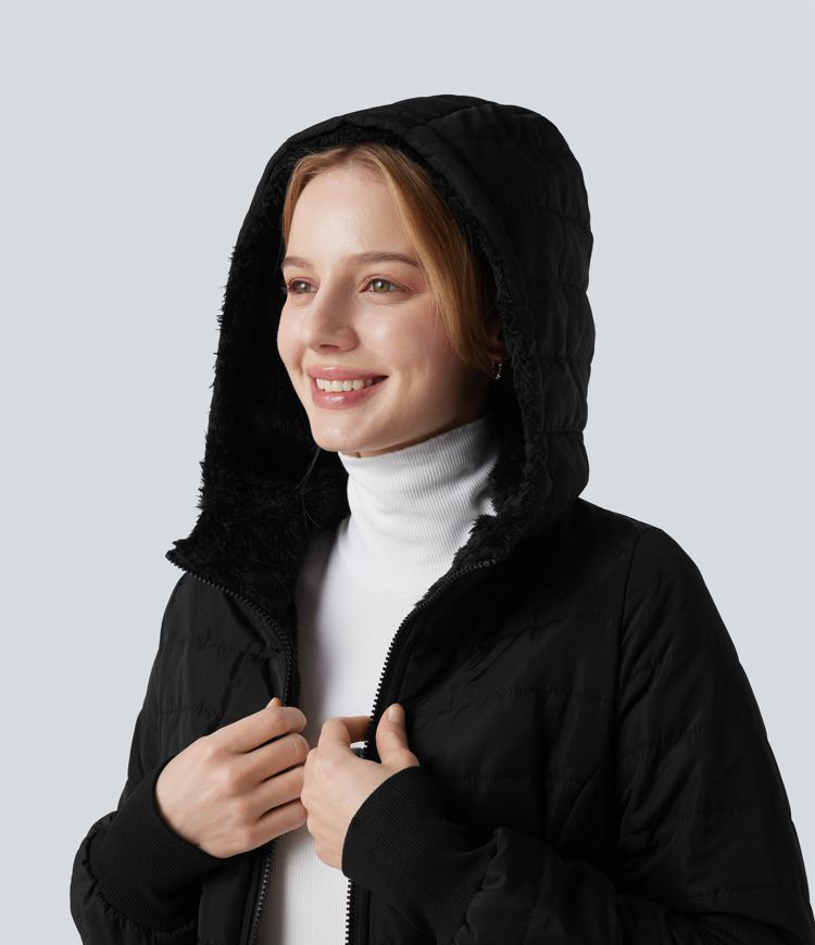 Hooded Zipper Long Sleeve Casual Sherpa Faux Fur hooded Jacket with Pockets