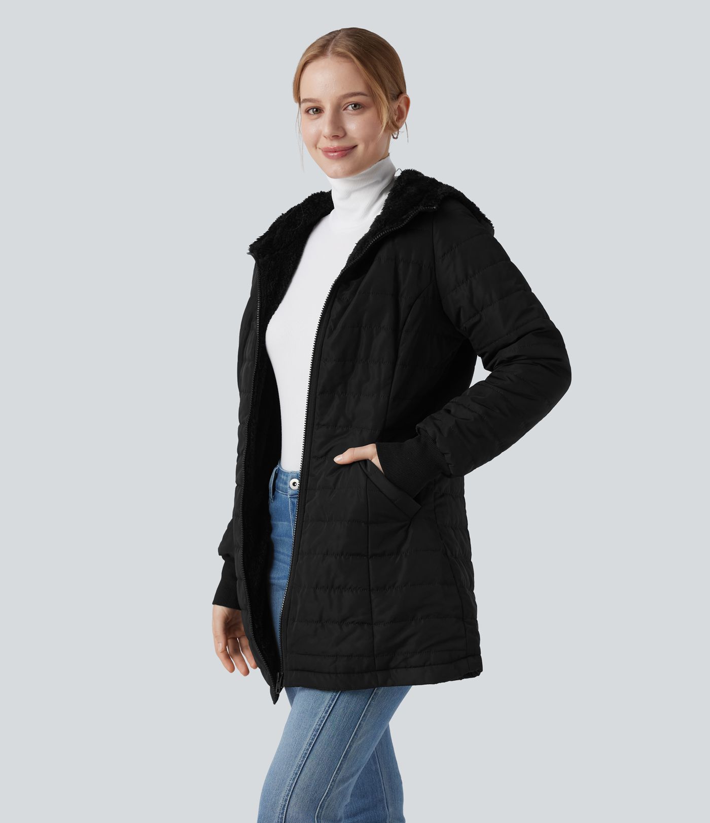 Hooded Zipper Long Sleeve Casual Sherpa Faux Fur hooded Jacket with Pockets