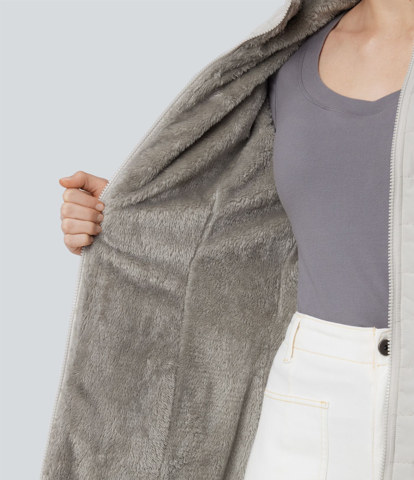 Doudoune sherpa à capuche manches longues avec fermeture éclair et poches