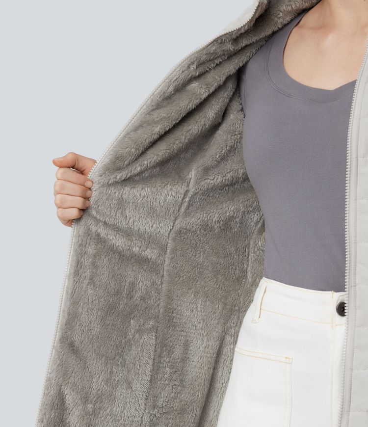 Doudoune sherpa à capuche manches longues avec fermeture éclair et poches