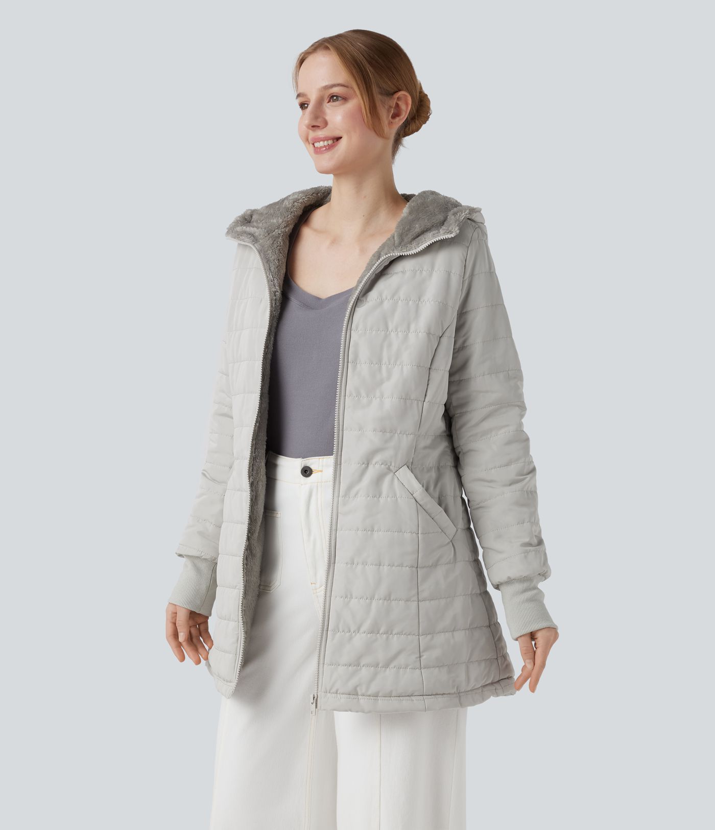 Doudoune sherpa à capuche manches longues avec fermeture éclair et poches