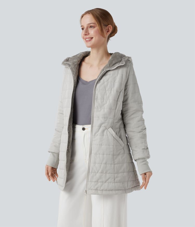 Doudoune sherpa à capuche manches longues avec fermeture éclair et poches