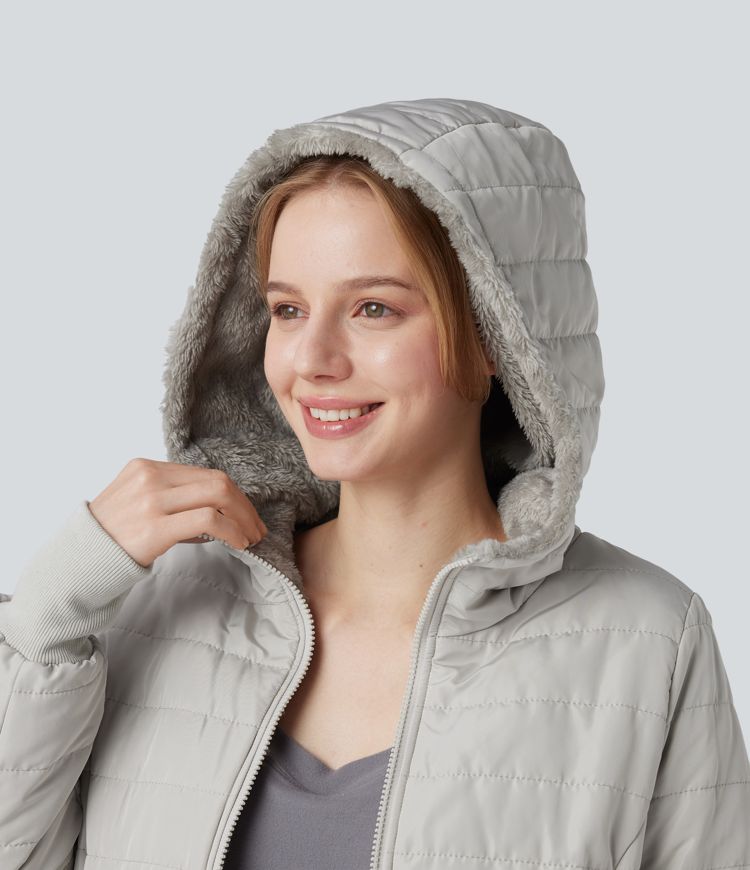 Doudoune sherpa à capuche manches longues avec fermeture éclair et poches