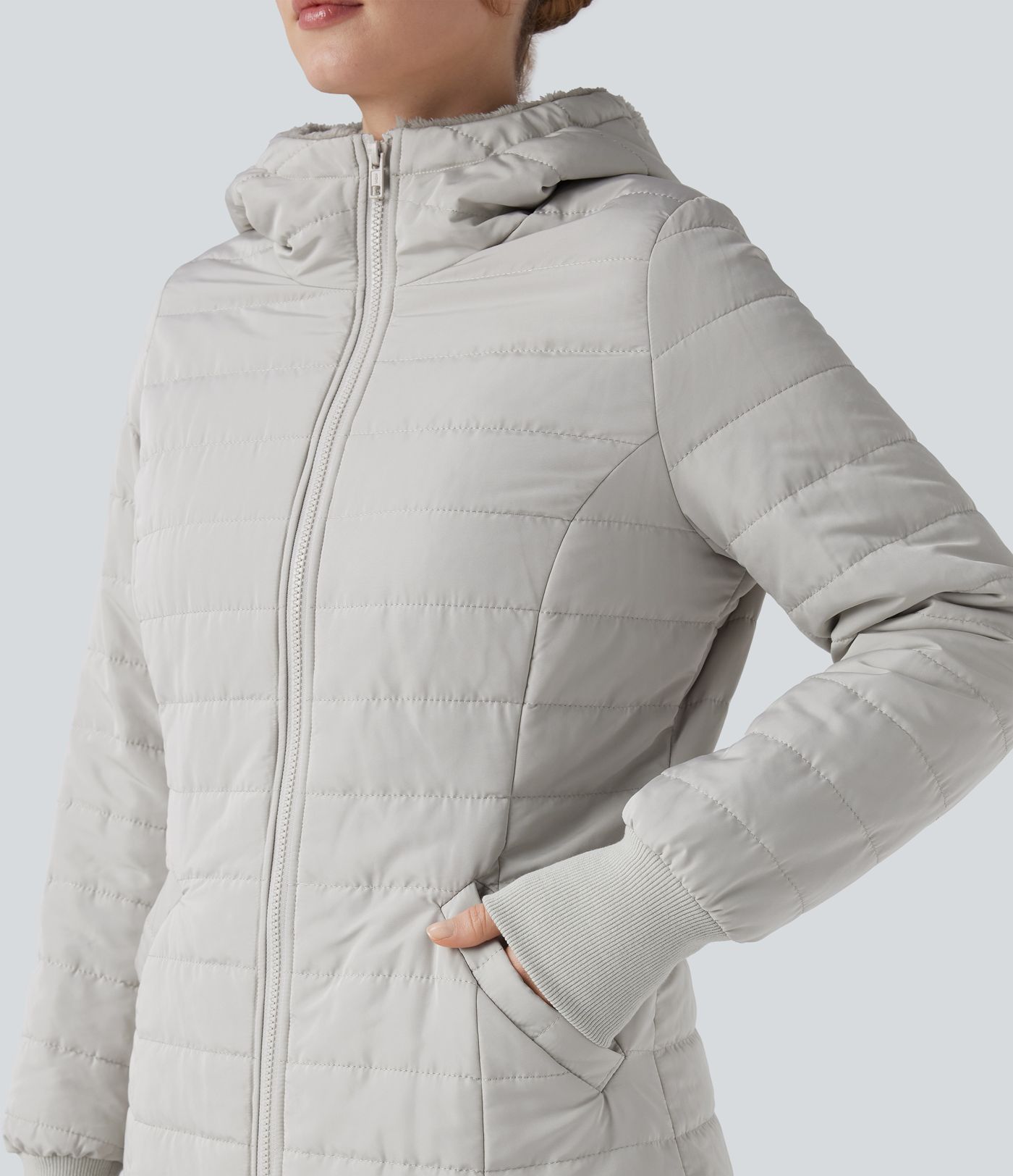 Doudoune sherpa à capuche manches longues avec fermeture éclair et poches