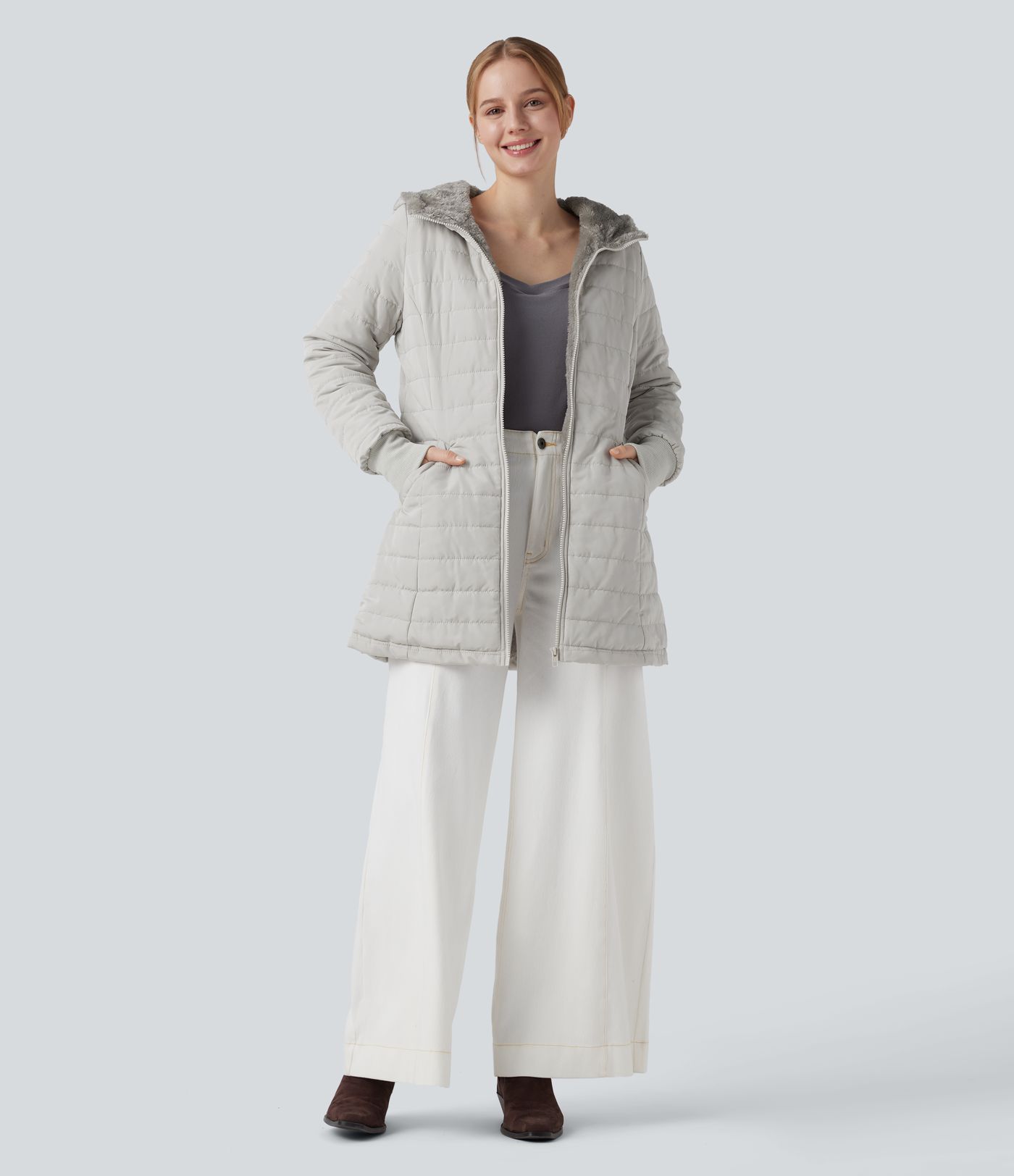 Doudoune sherpa à capuche manches longues avec fermeture éclair et poches