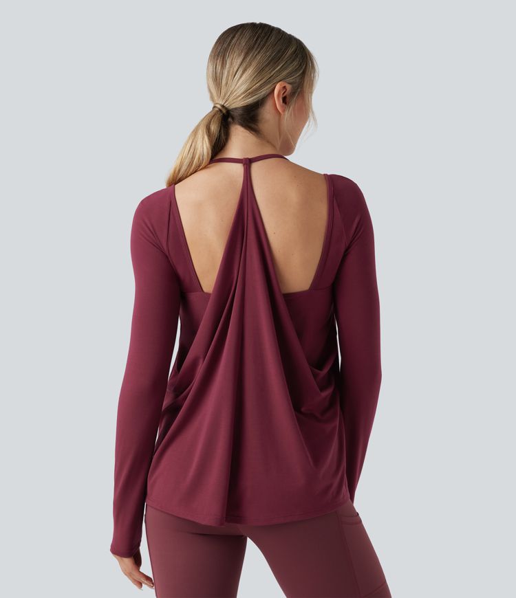 SoftlyZero™ Airy Halter Long Sleeve Backless Draped Yoga Sports Top-UPF50+
