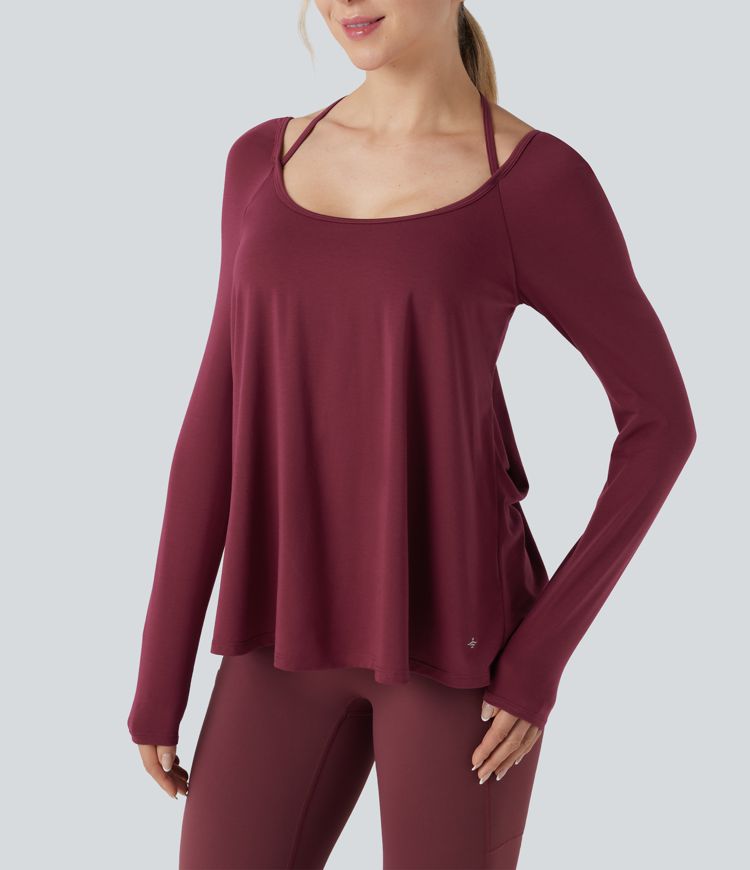 SoftlyZero™ Airy Halter Long Sleeve Backless Draped Yoga Sports Top-UPF50+