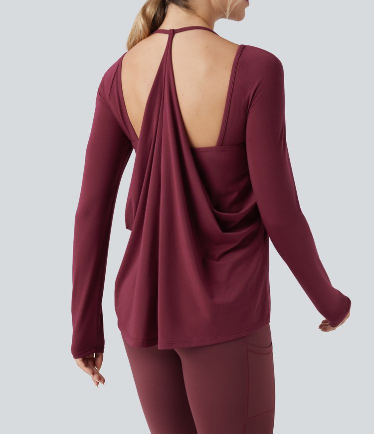 SoftlyZero™ Airy Halter Long Sleeve Backless Draped Yoga Sports Top-UPF50+
