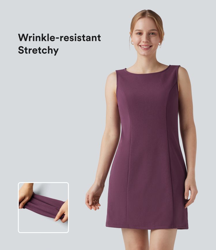 Wrinkle-resistant Boat Neck Sleeveless Mini Work Dress with Pockets